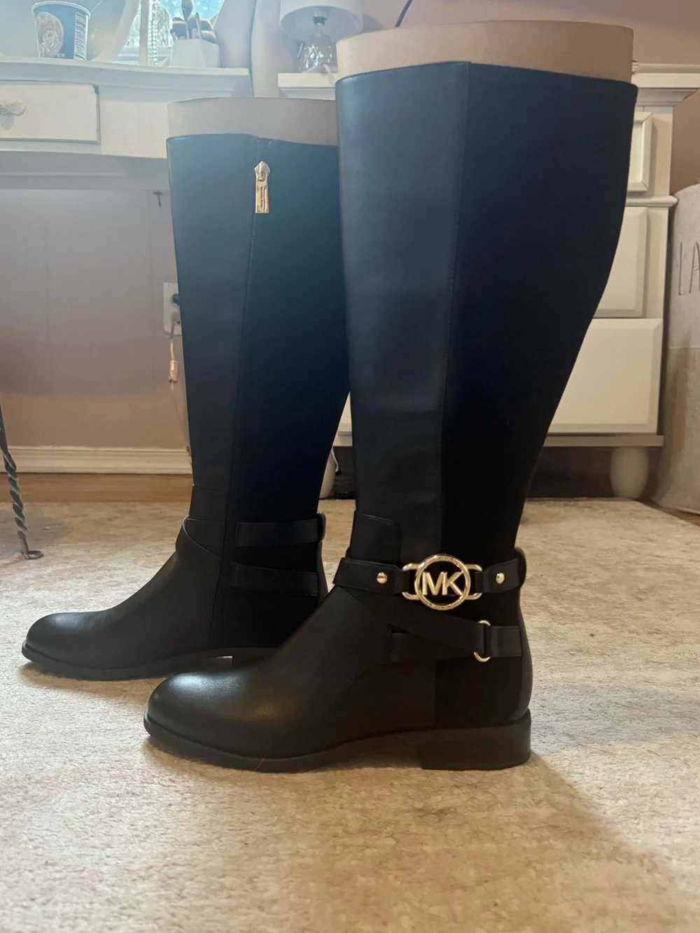 Michael Kors Black Over-the-Knee Riding Boots with Gold MK Emblem